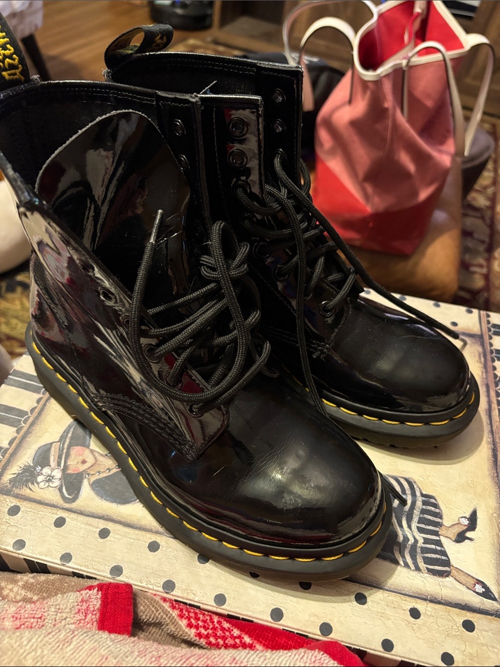 Dr. Martens Black Patent Lace-Up Boots with Yellow Stitching
